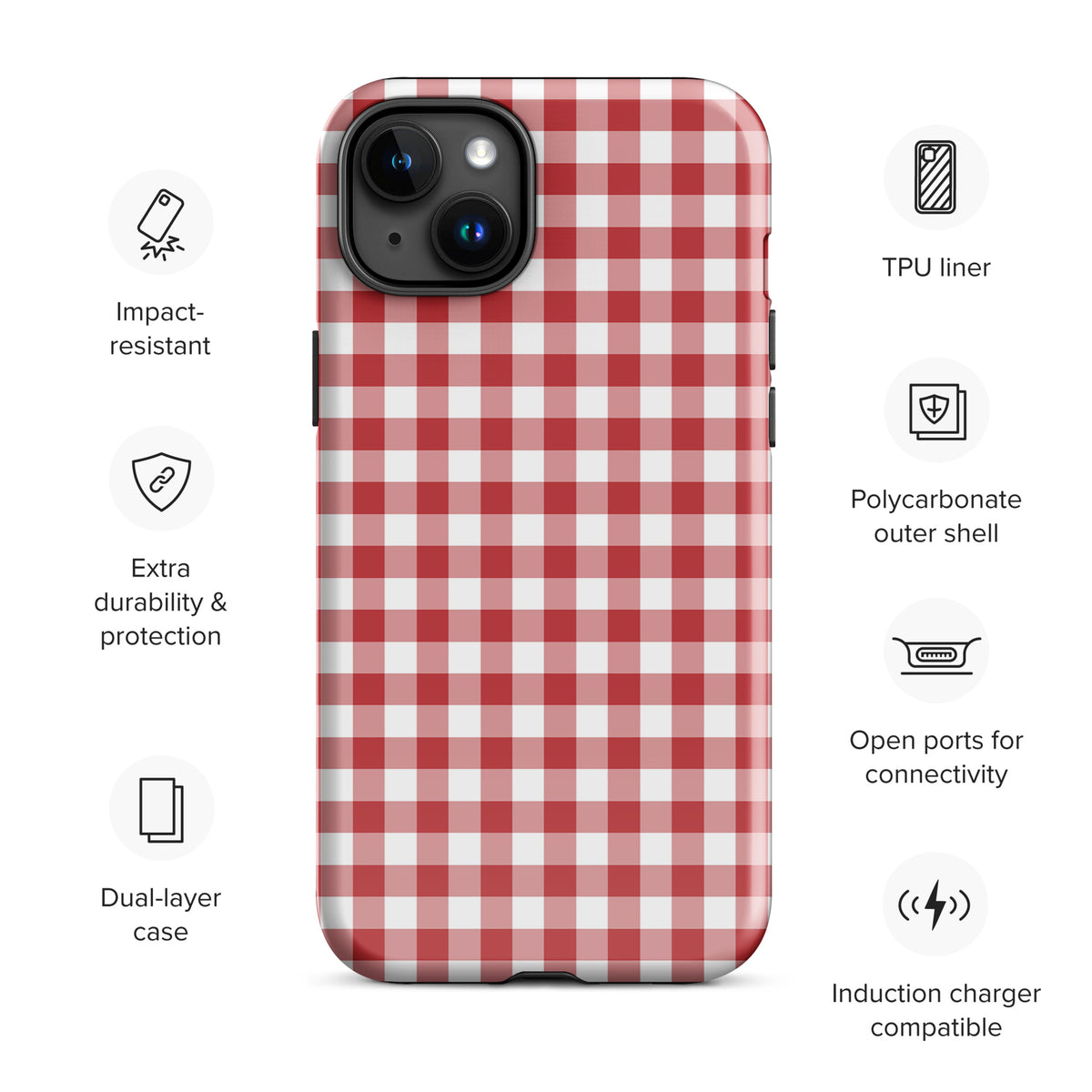 Phone Case with red and white gingham pattern for iPhone, showcasing chic style and durable protection features.