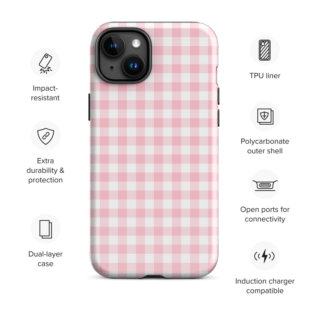 Phone Case with pink and white gingham pattern offering dual-layer protection for iPhone, featuring impact resistance and connectivity ports.