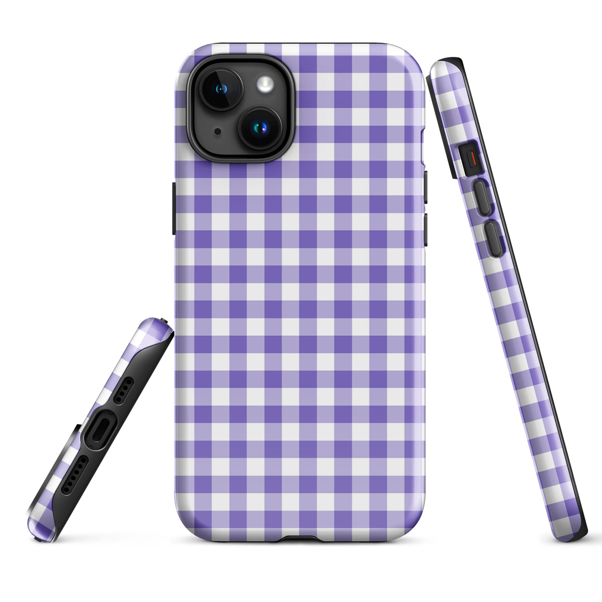 Phone Case for iPhone with purple and white gingham pattern, blending style and protection, showcasing chic accessory design.