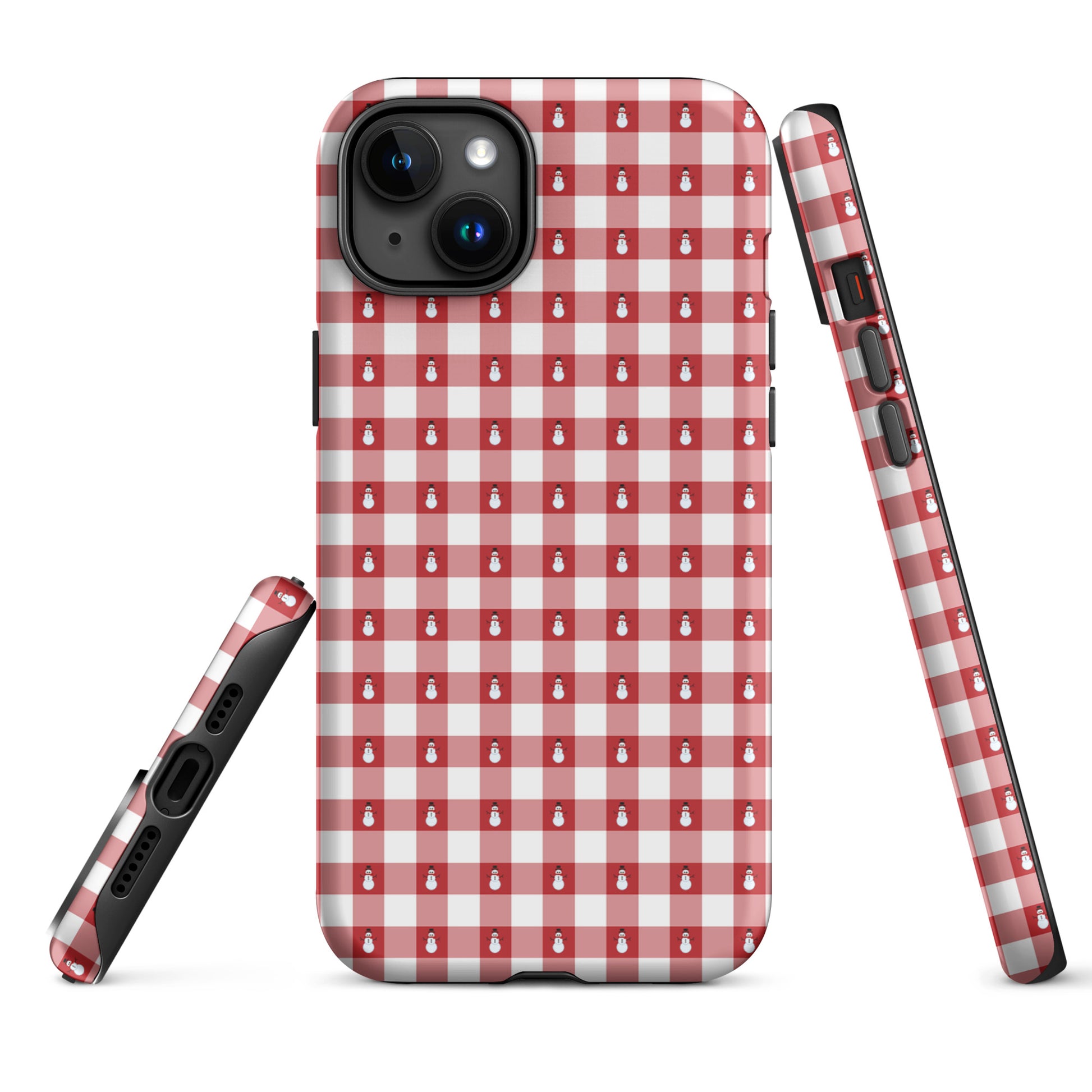 Phone Case for iPhone with snowman gingham winter design, festive red and white pattern, durable holiday-themed protection cover