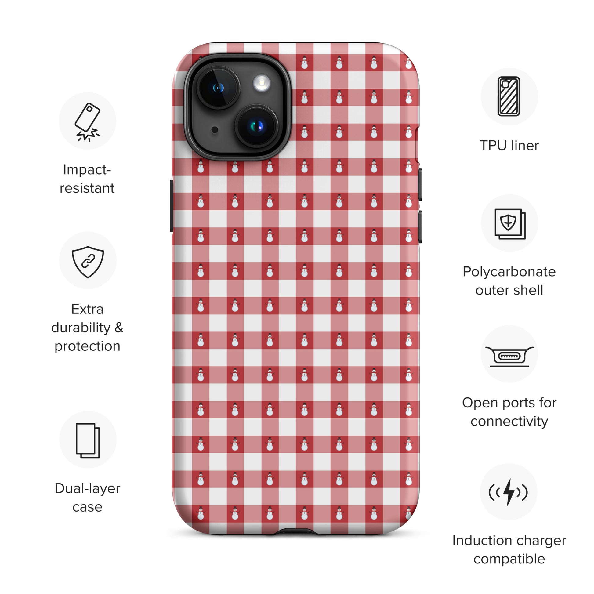 Phone Case for iPhone - Snowman Gingham Winter Design with red-and-white pattern and protective features.