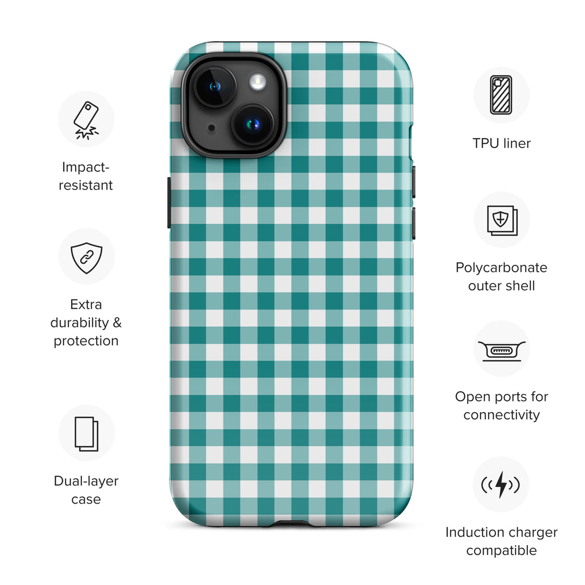 Phone Case for iPhone with teal and white gingham pattern, showcasing stylish design and durable protection features.