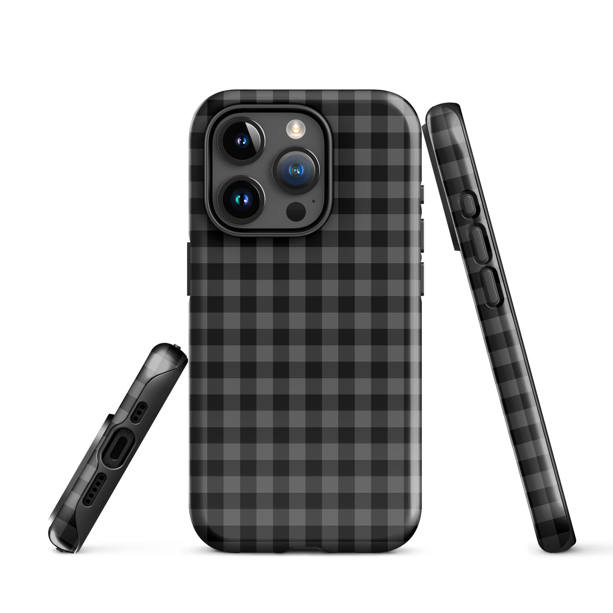 Phone Case for iPhone with black and charcoal gingham pattern, showcasing modern style and durable protection
