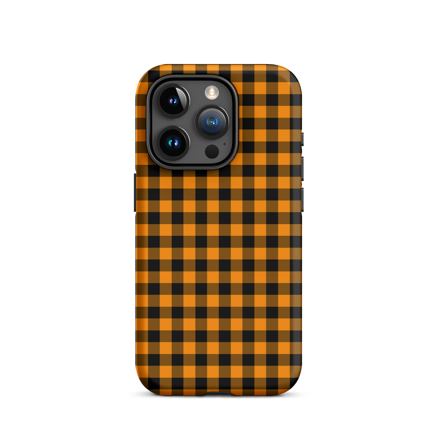 Black-and-orange gingham phone case for iPhone with autumn theme, offering stylish design and durability.