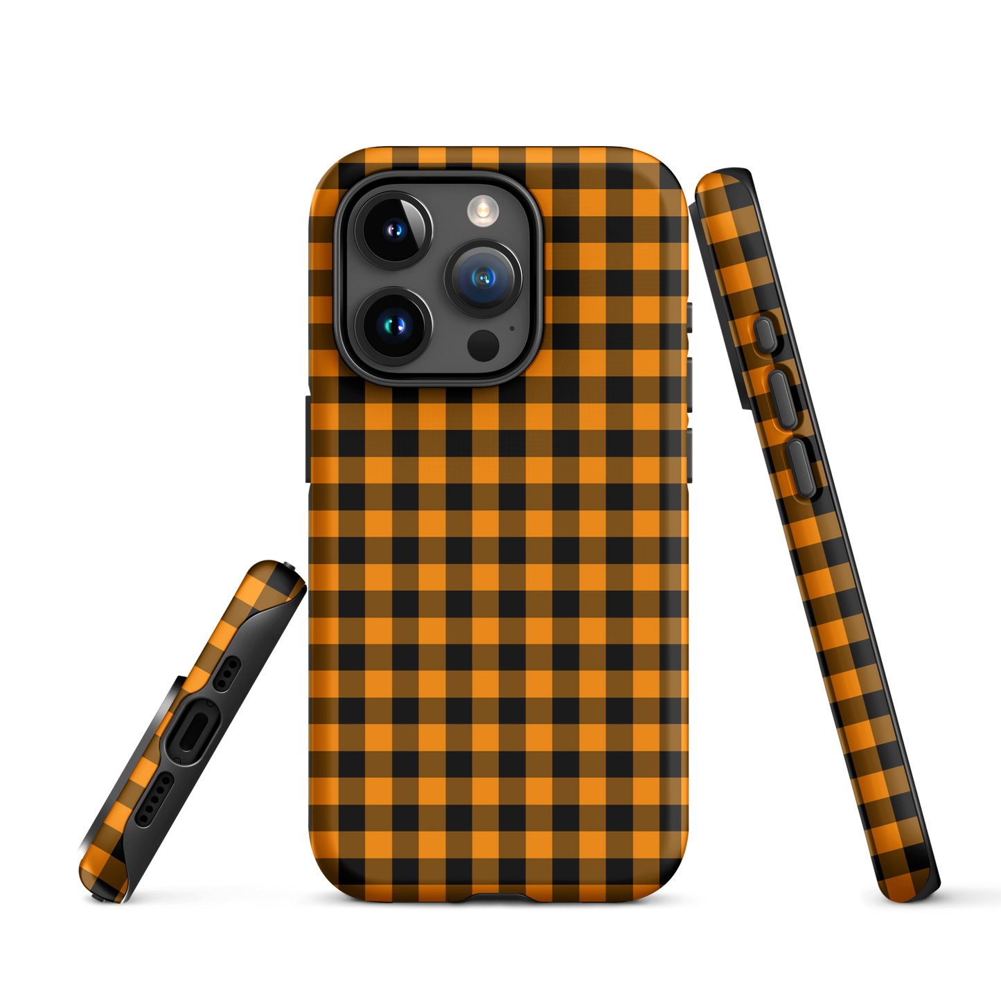 phone case with black-and-orange gingham pattern for iPhone, Autumn theme, stylish design, durable accessory, fashionable phone case
