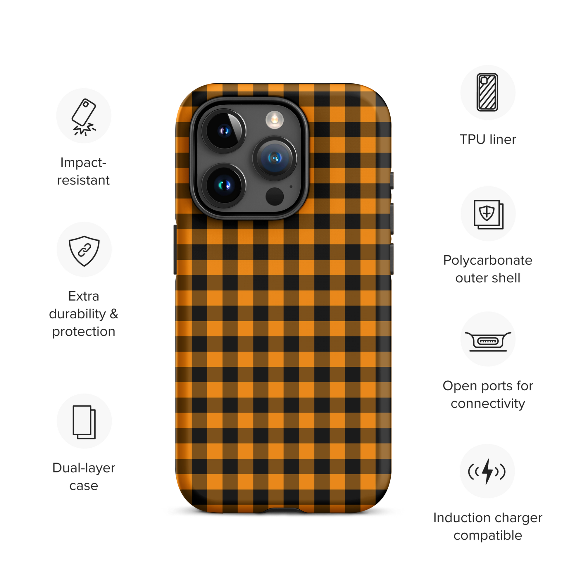 phone case with black-and-orange gingham pattern for iPhone showcasing Autumn theme design features