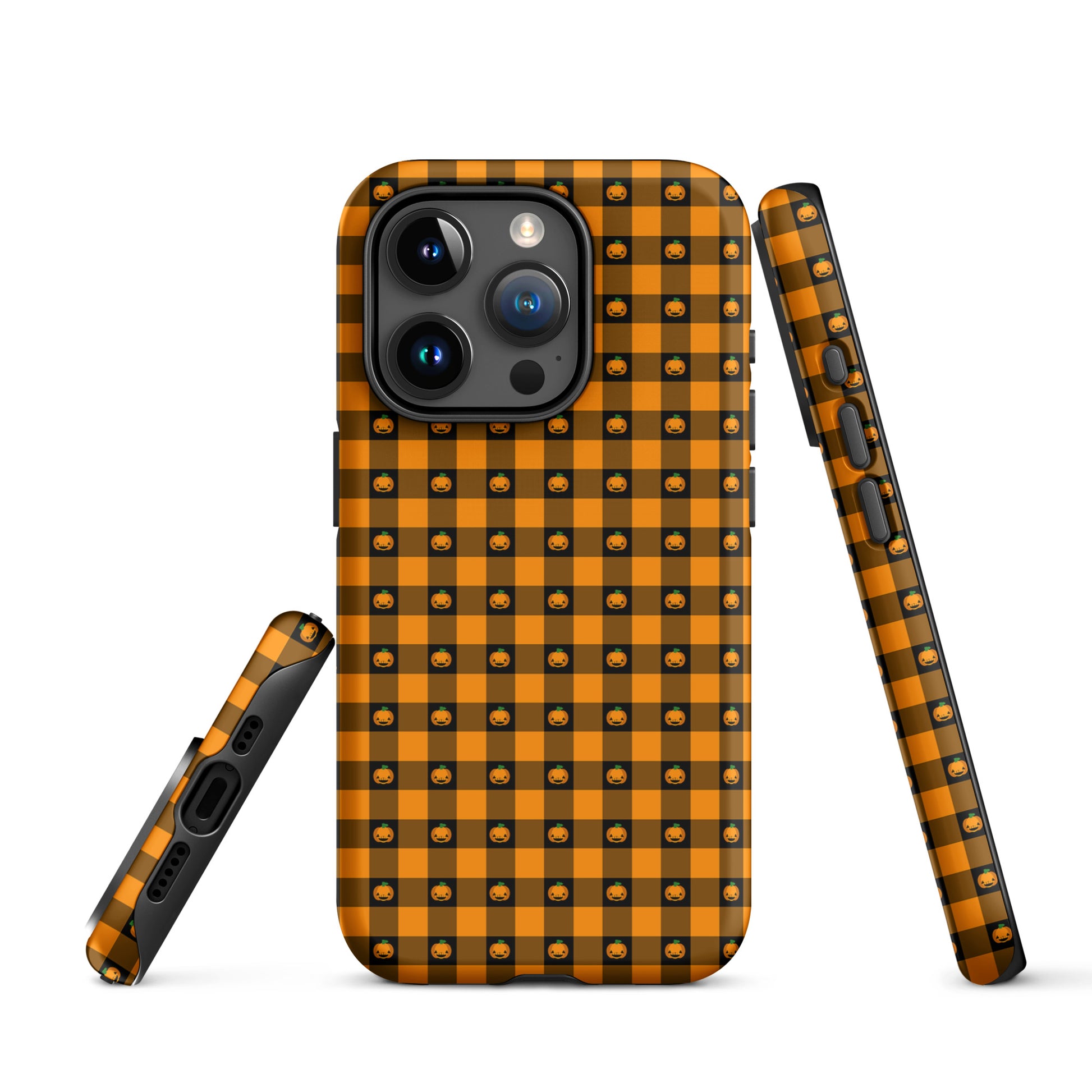 Phone Case for iPhone with playful pumpkin gingham Halloween design, featuring jack-o'-lanterns on a bold checkered pattern.