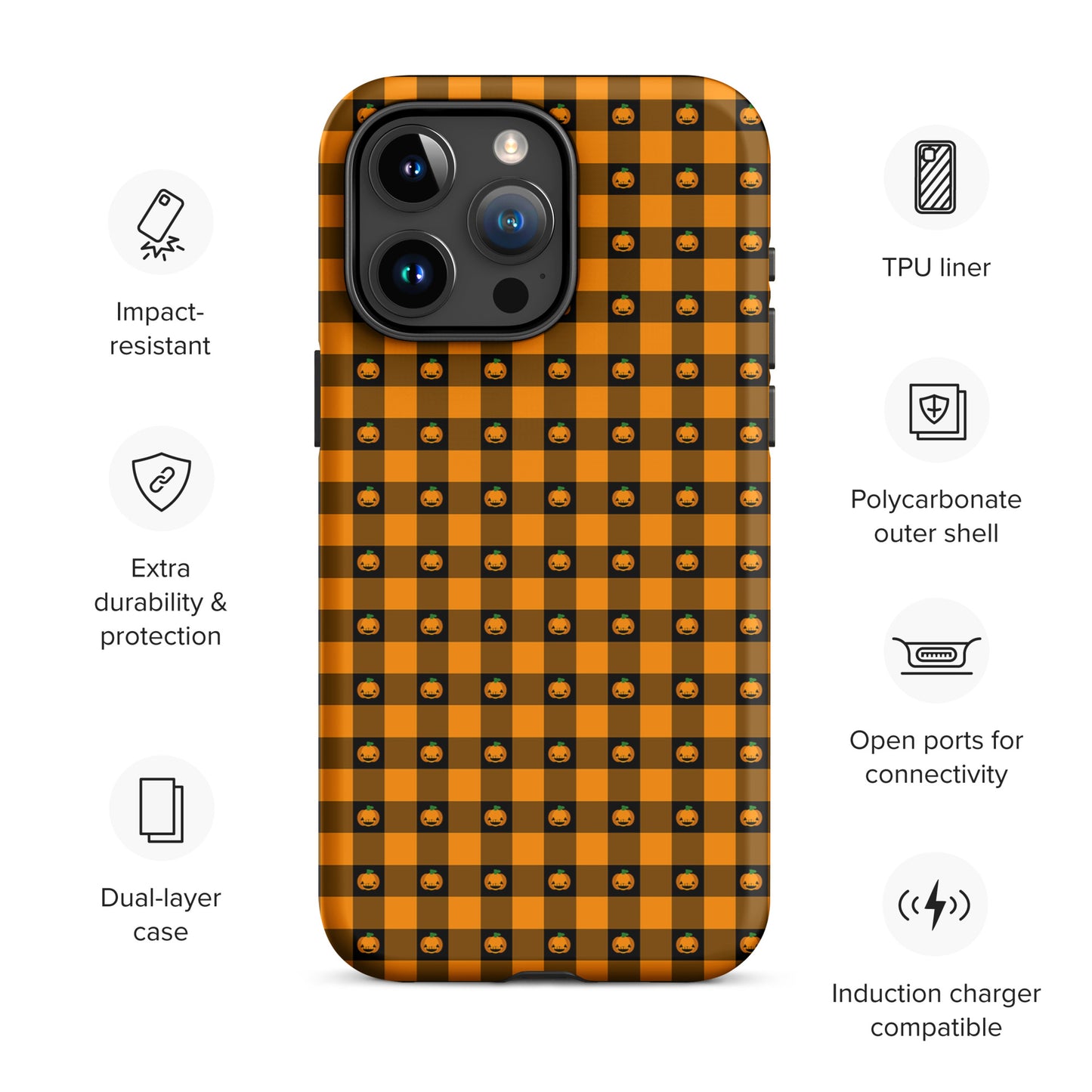 Phone Case for iPhone with playful pumpkin gingham Halloween design, featuring impact-resistant build and polycarbonate shell.