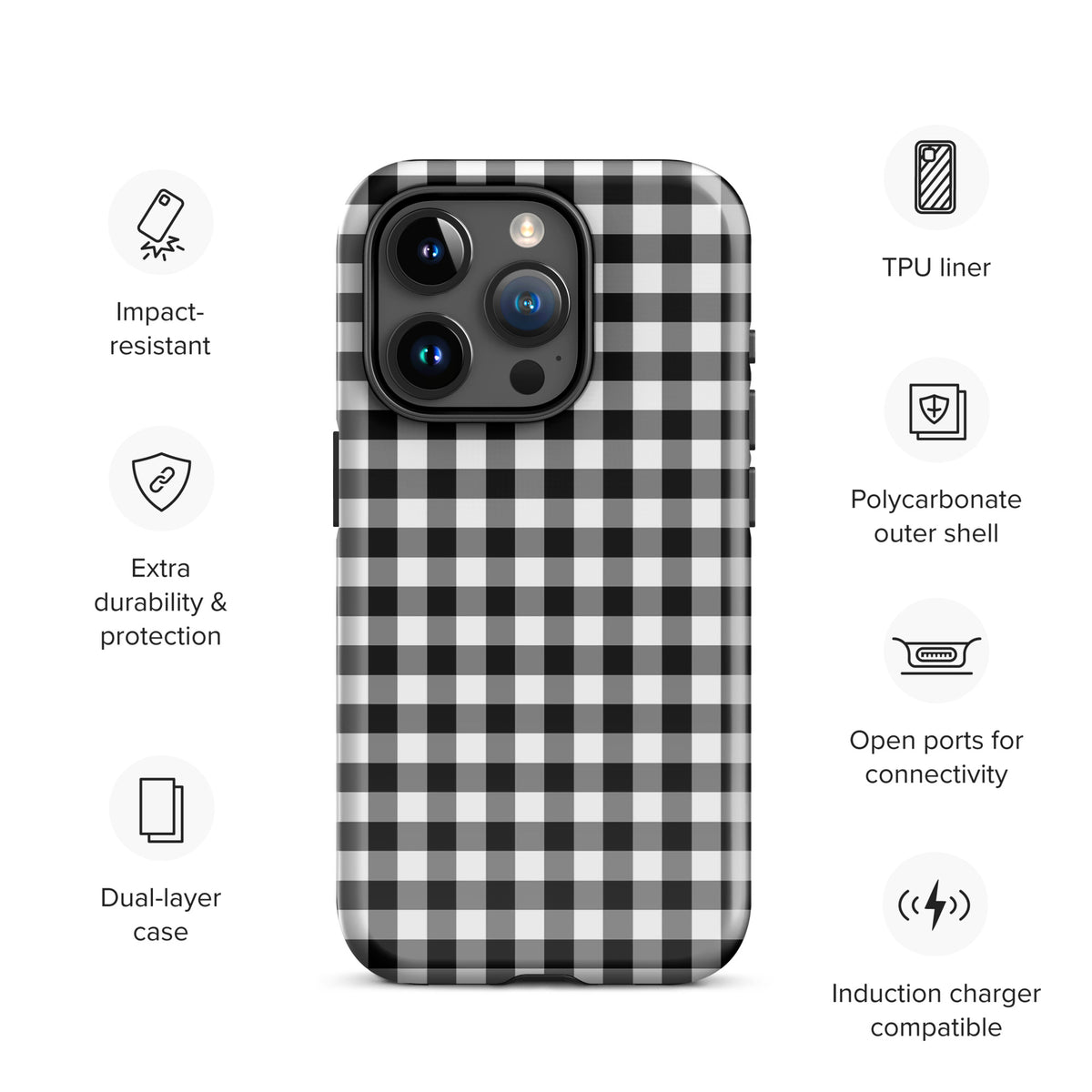 Phone Case for iPhone with black and white gingham pattern offering stylish protection with impact-resistant features and compatibility.