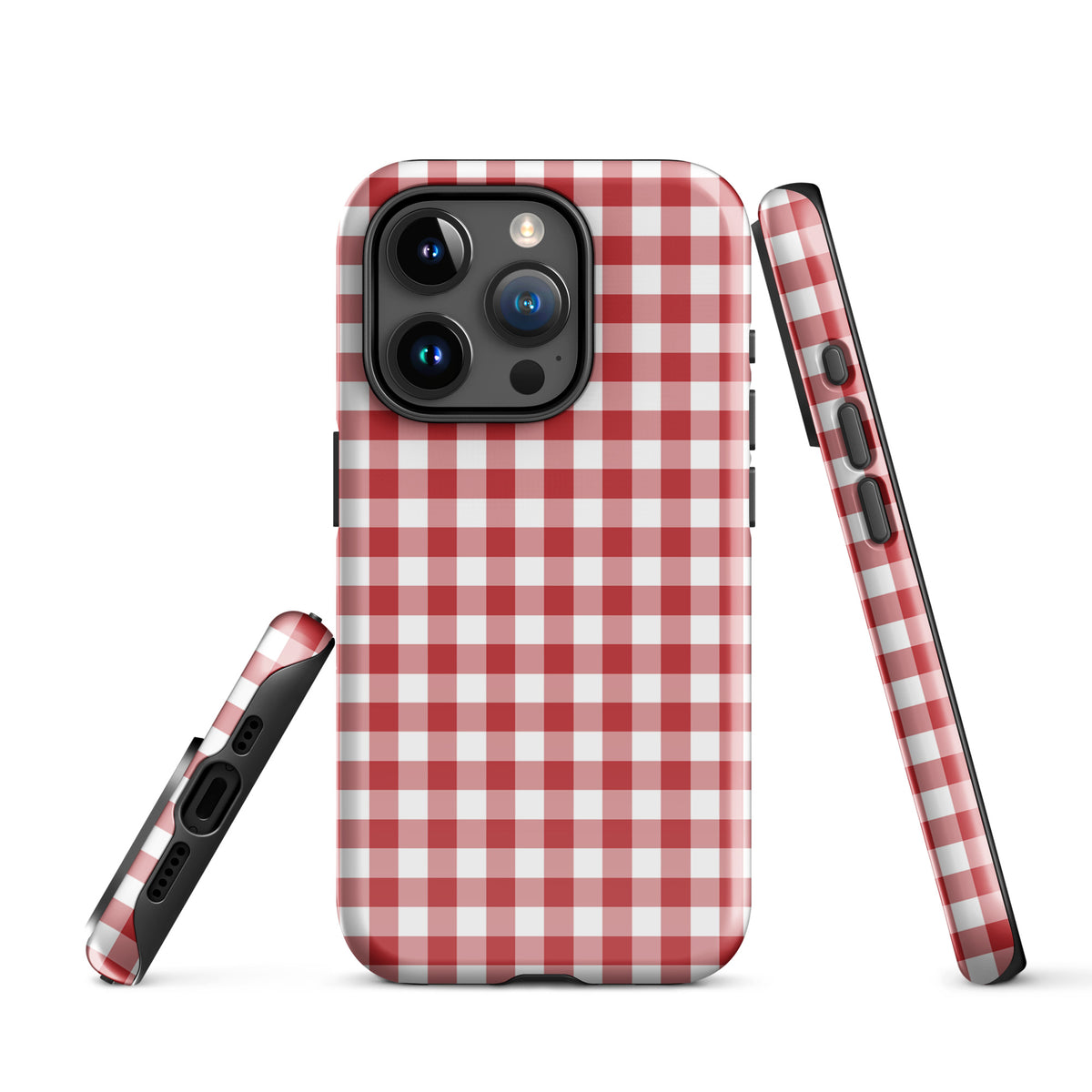 Phone Case for iPhone in red-and-white gingham pattern, offering chic style and durable protection.