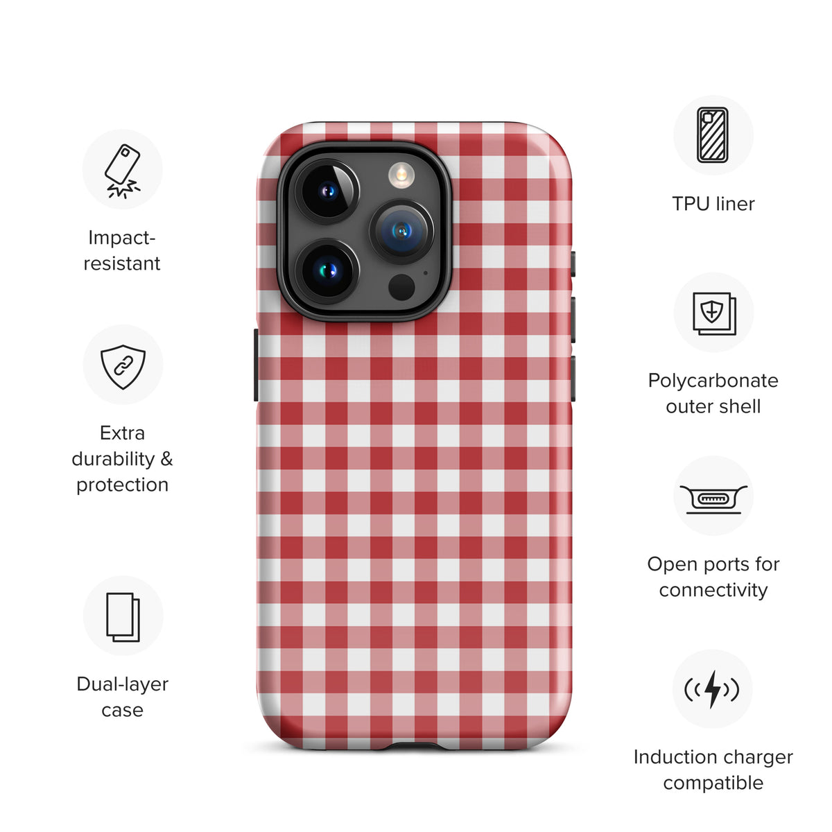 Phone Case for iPhone with red and white gingham pattern, featuring polycarbonate shell and TPU liner for protection and style.