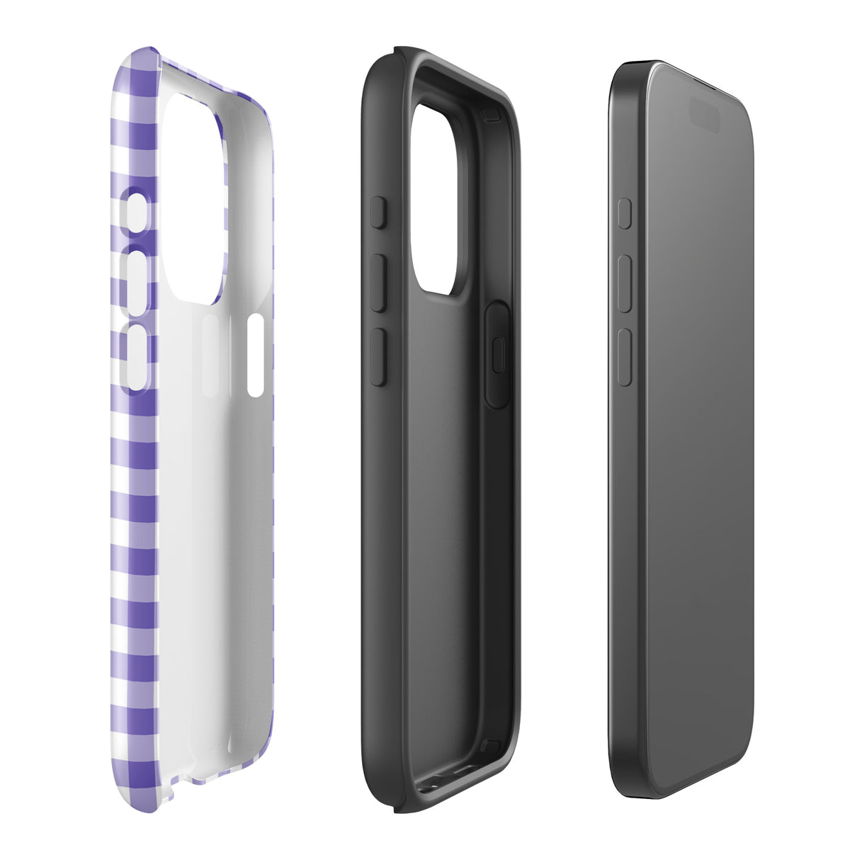 Purple and white gingham Phone Case for iPhone, showcasing its stylish design and protective features, enhancing your phone's look.