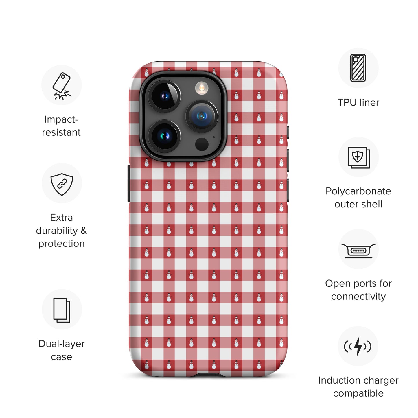 Phone Case for iPhone with red-and-white gingham snowman design, impact-resistant, dual-layer, polycarbonate shell.
