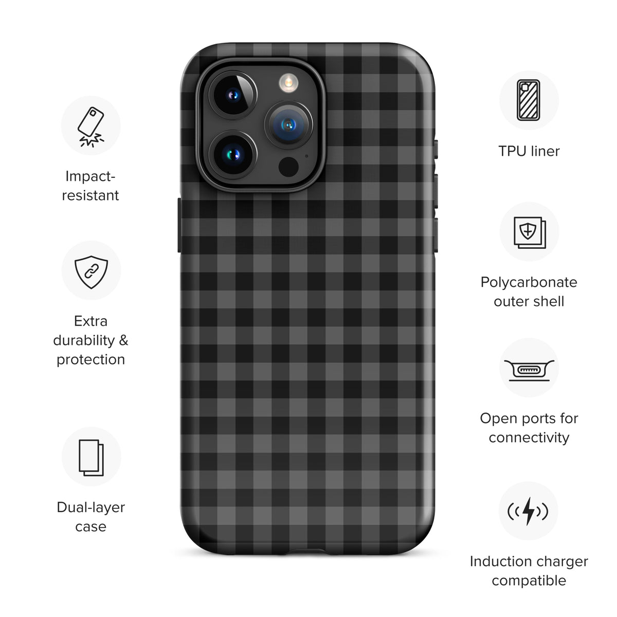 Phone Case for iPhone in black charcoal gingham pattern with impact-resistant TPU liner and polycarbonate shell for durability.