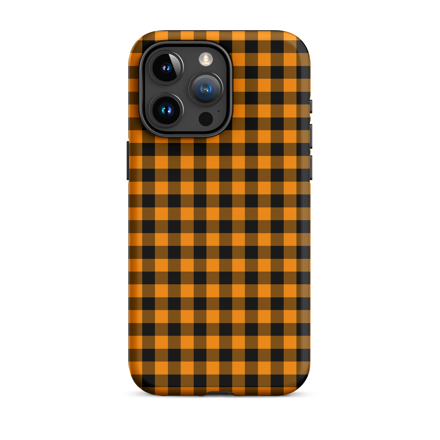 Black-and-orange gingham phone case for iPhone in autumn theme, stylish and durable.