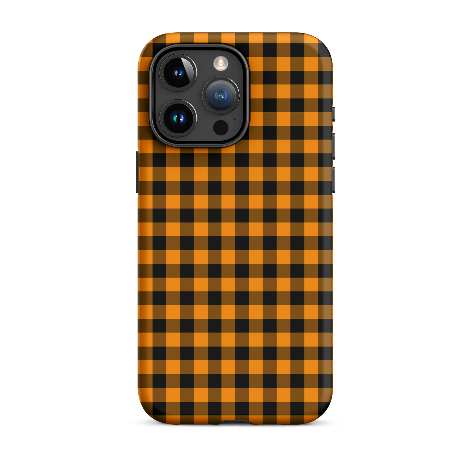 Black-and-orange gingham phone case for iPhone in autumn theme, stylish and durable.