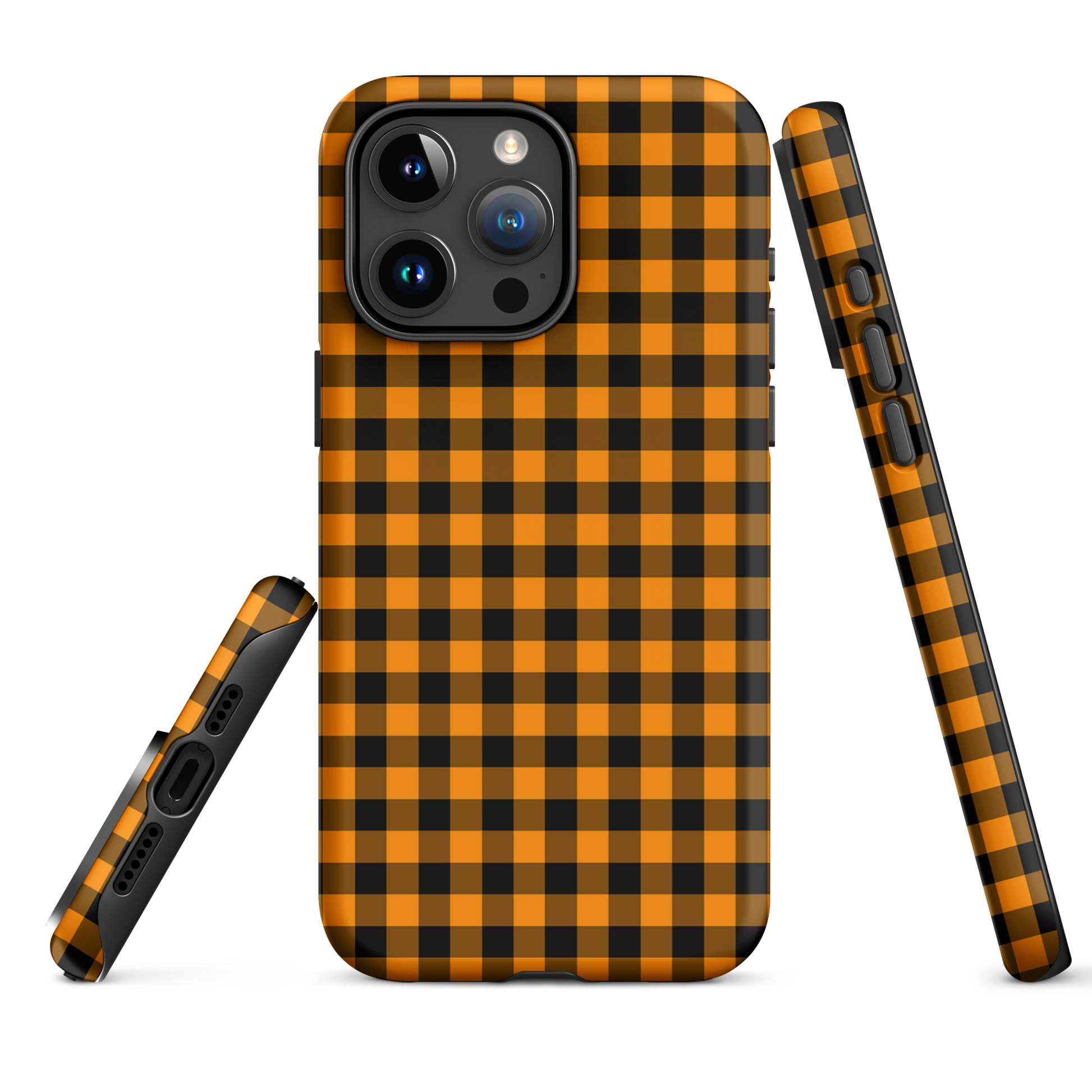 phone case with black-and-orange gingham autumn theme for iPhone