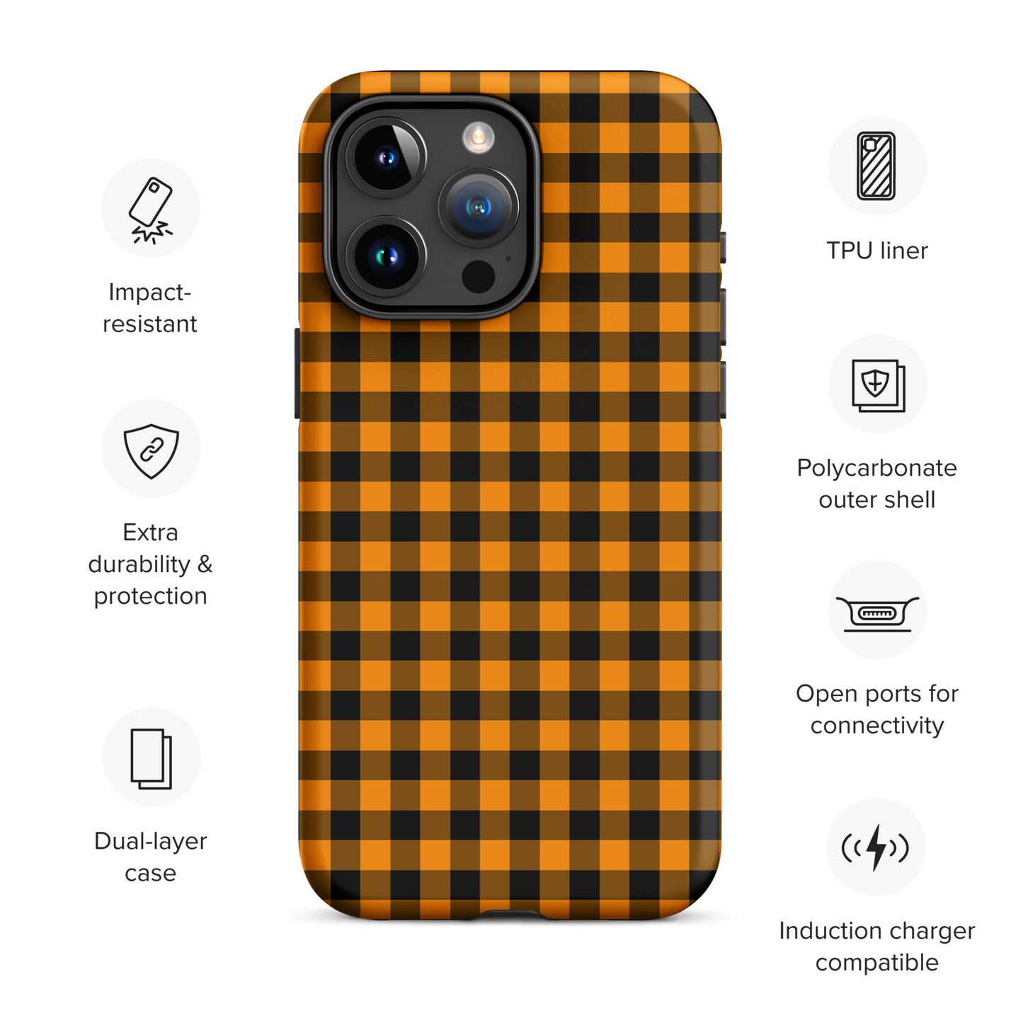 Black-and-Orange Gingham Autumn Theme phone case for iPhone with durability features and chic design.