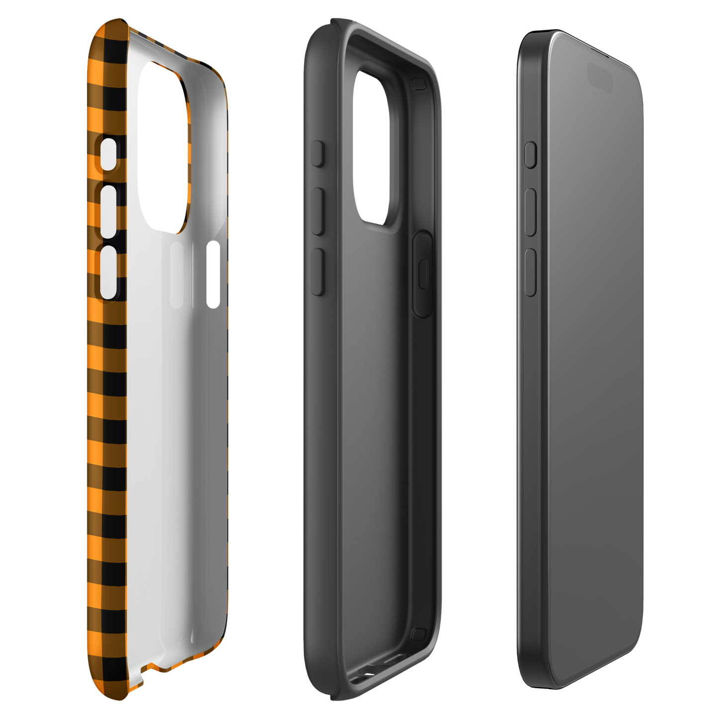 Black-and-orange gingham phone case for iPhone with autumn theme, showing luxury design and durability.
