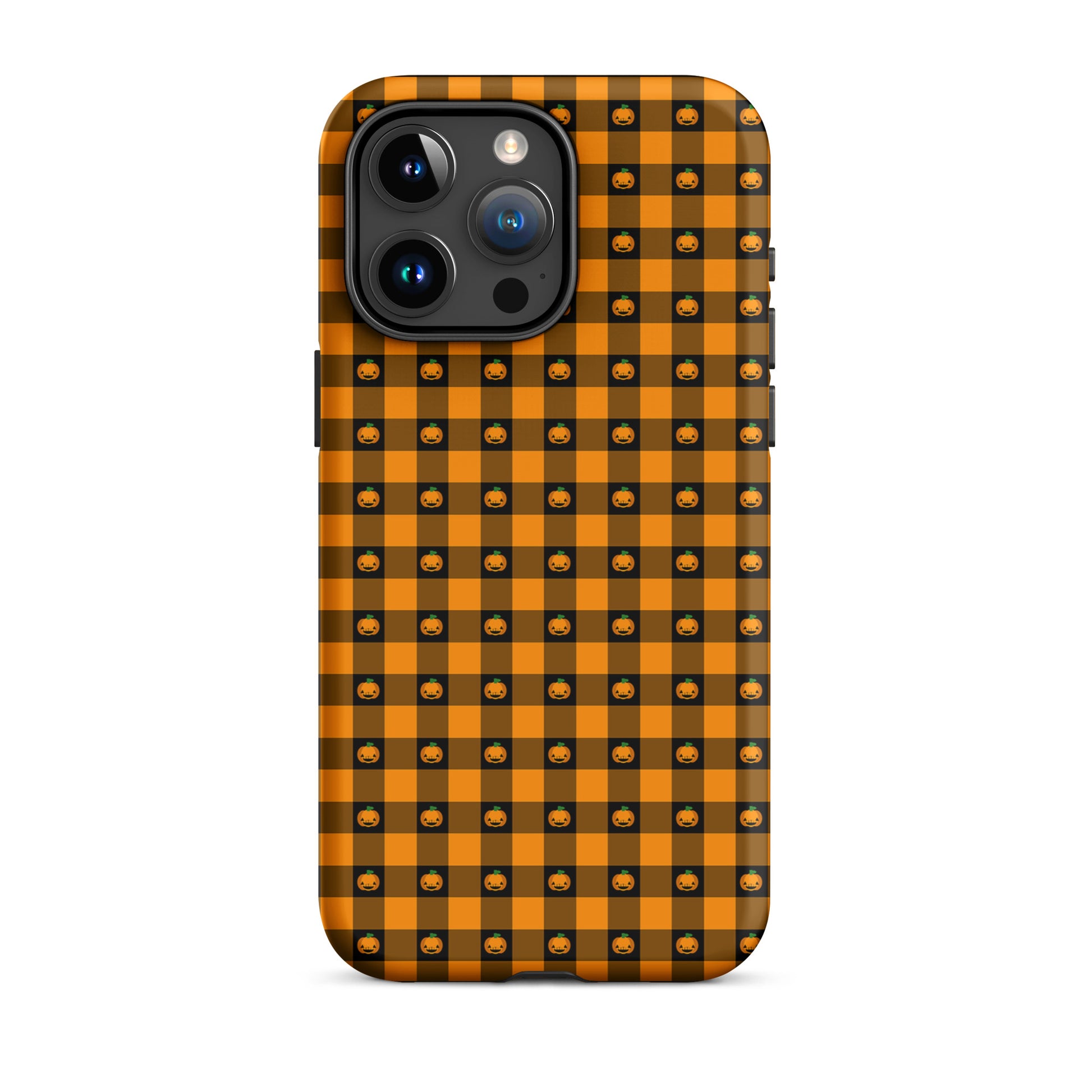 Phone Case for iPhone with playful pumpkin gingham Halloween design featuring jack-o'-lantern faces and bold seasonal colors.