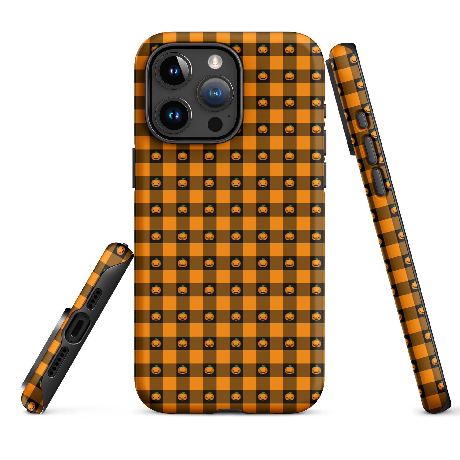 Phone Case for iPhone with playful pumpkin gingham Halloween design, featuring jack-o’-lantern faces on a bold checkered pattern.