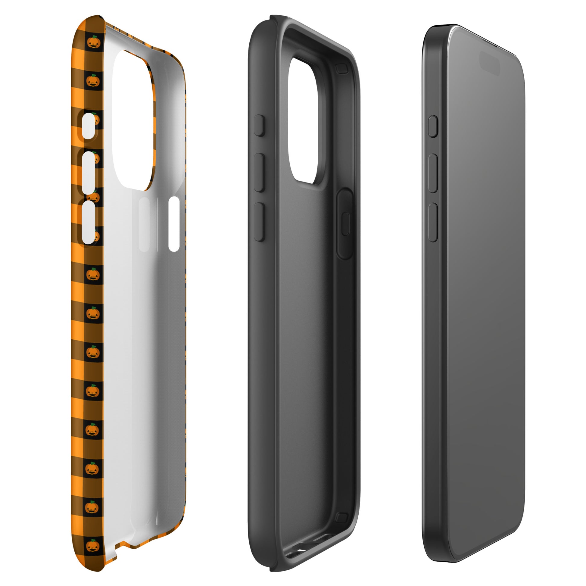 Phone Case for iPhone with playful pumpkin gingham Halloween design, featuring jack-o’-lantern faces; festive and quirky style.