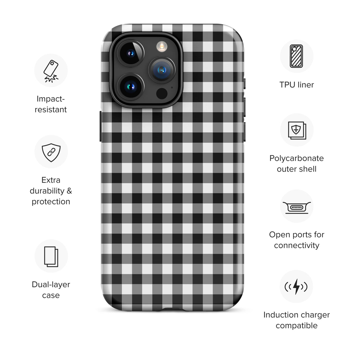 Phone Case for iPhone with black-and-white gingham pattern, impact-resistant, durable TPU liner, and polycarbonate outer shell.