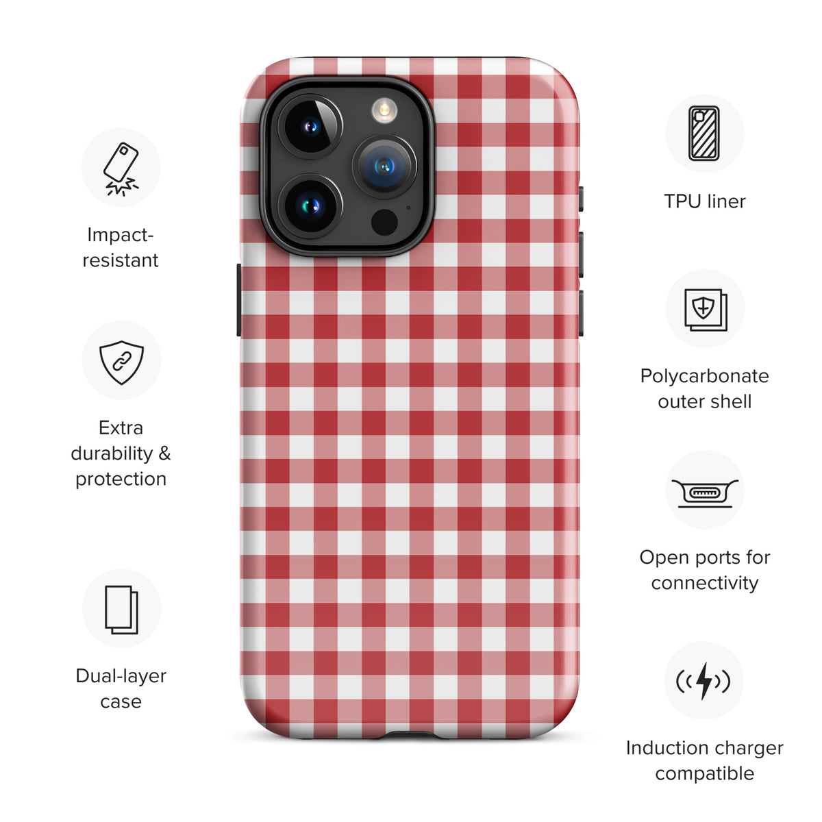 Phone Case with red-and-white gingham pattern for iPhone, featuring dual-layer protection and compatibility with induction charging.