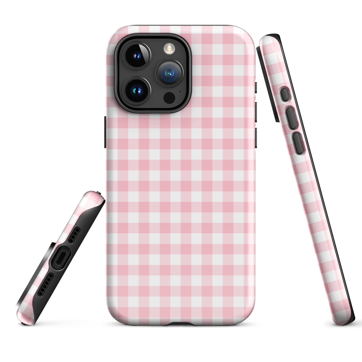 Phone Case for iPhone with pink and white gingham pattern, offering stylish design and durability.