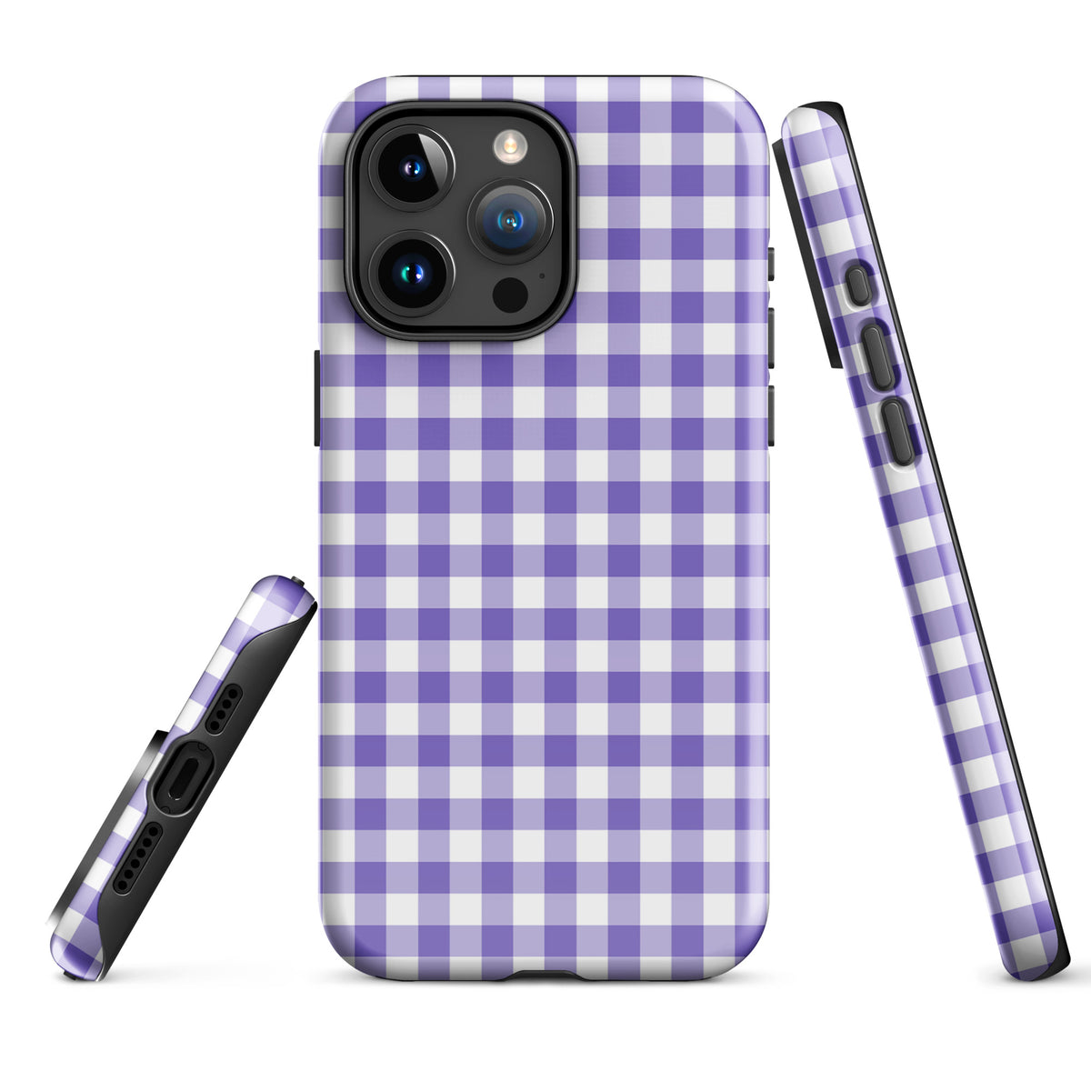 Phone Case for iPhone with purple and white gingham pattern, combining charm and protection. Stylish, durable design.