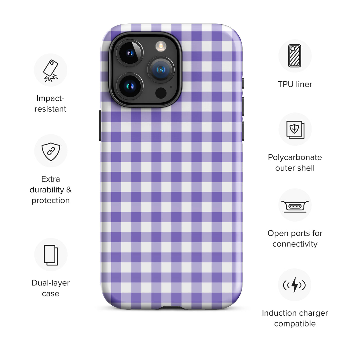 Phone Case for iPhone with purple and white gingham pattern, offering impact-resistant TPU liner and polycarbonate protection.