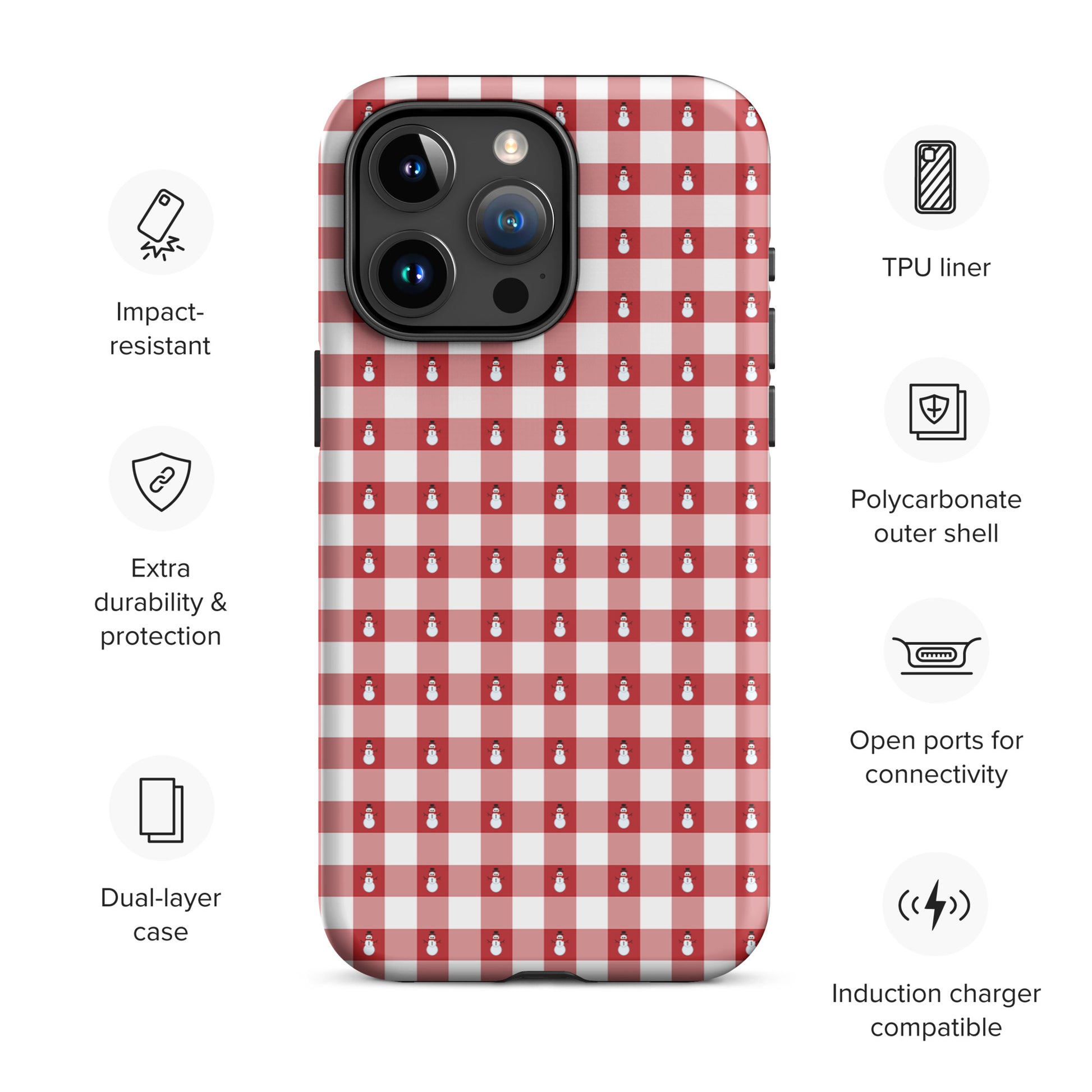 Phone Case for iPhone with snowman gingham winter design, featuring impact-resistant TPU liner and polycarbonate shell.