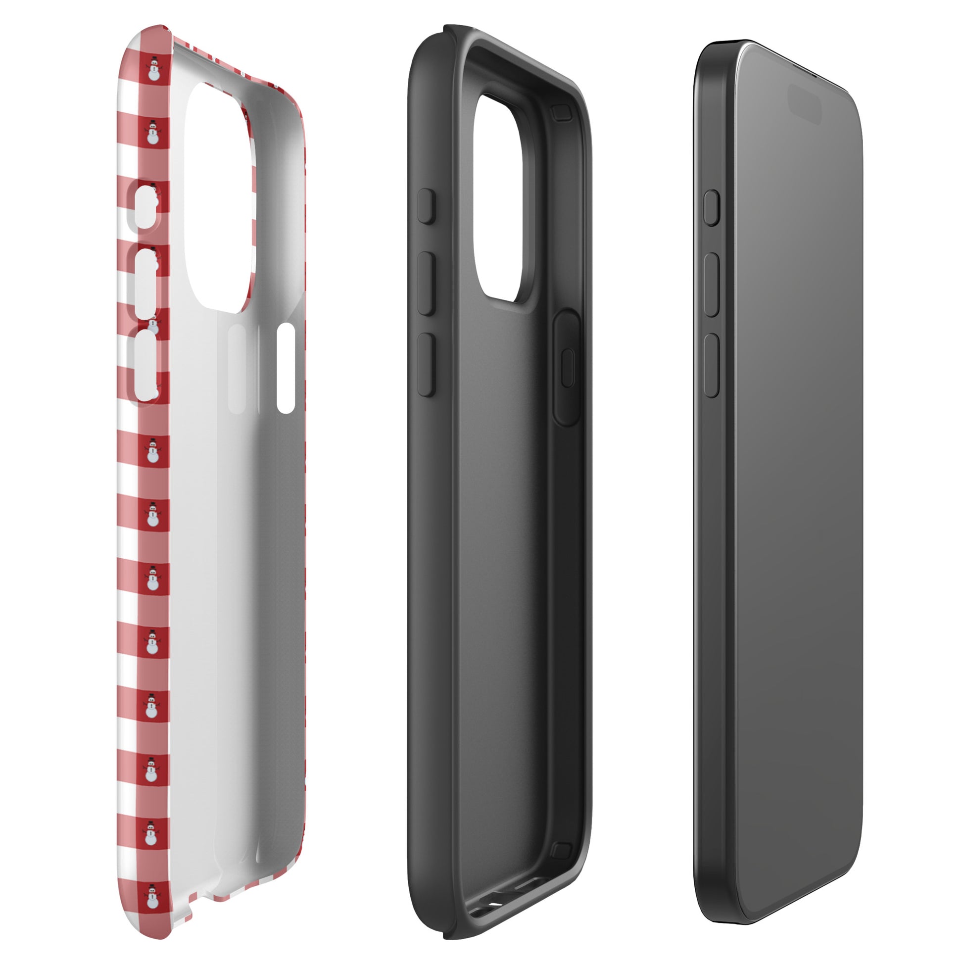 Phone Case for iPhone with snowman gingham winter design in three angles, showing protective features and festive red-and-white pattern.