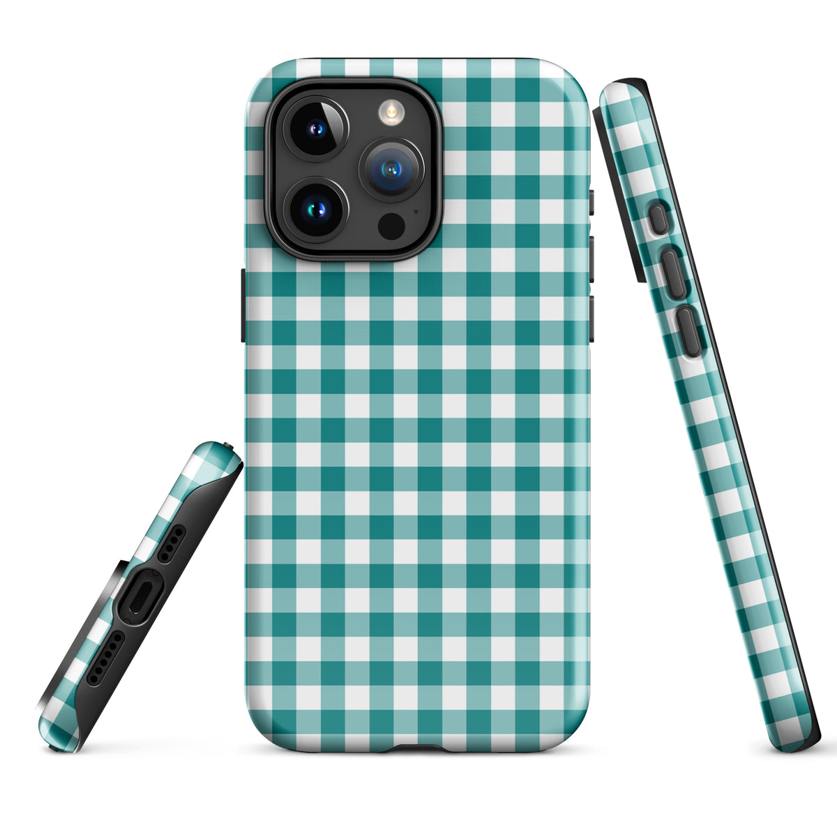 Phone Case for iPhone in teal and white gingham pattern, showcasing stylish design and durable protection.