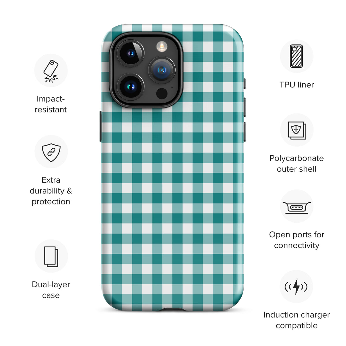 Phone Case for iPhone with teal and white gingham pattern showcasing features like impact resistance and dual-layer protection.