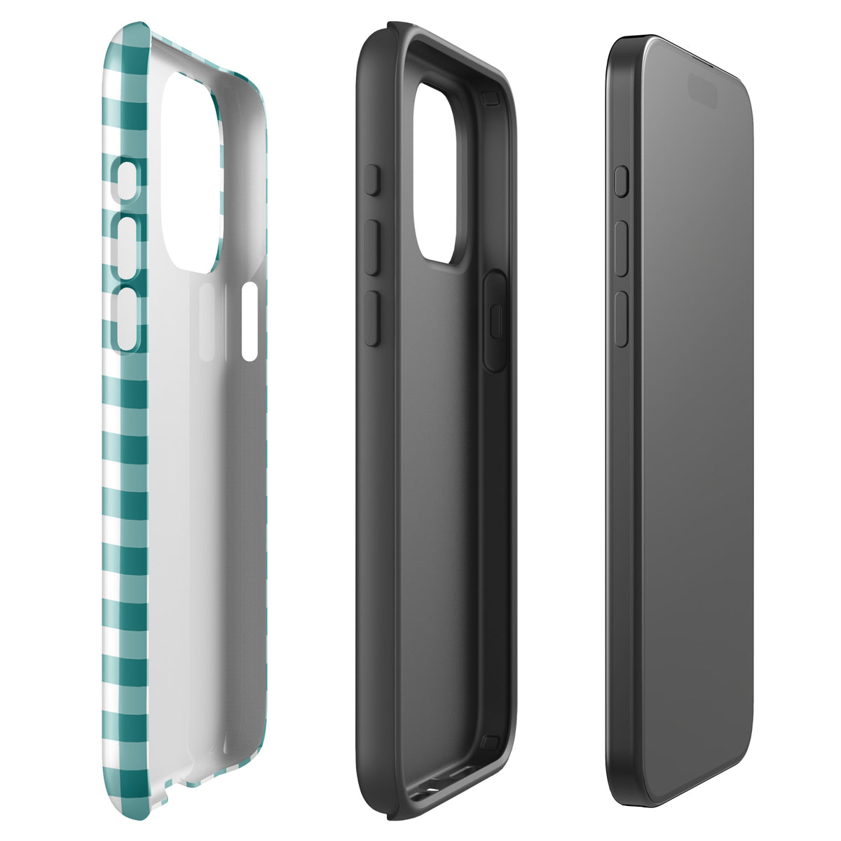 Phone Case for iPhone in teal and white gingham pattern offering style and protection, showcasing its sleek and durable design.