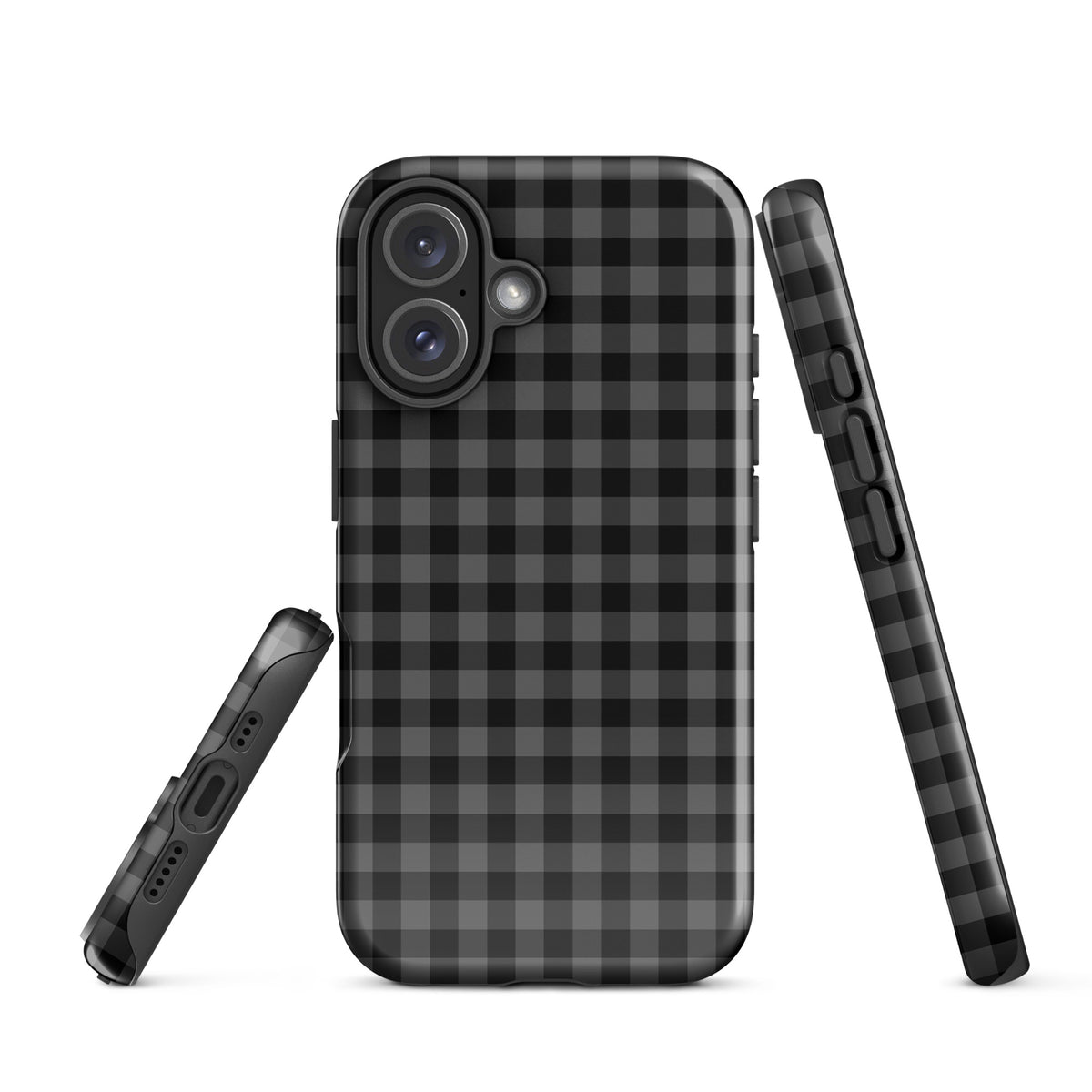 Phone Case for iPhone with black and charcoal gingham pattern, modern style, and durable protection, shown from different angles.