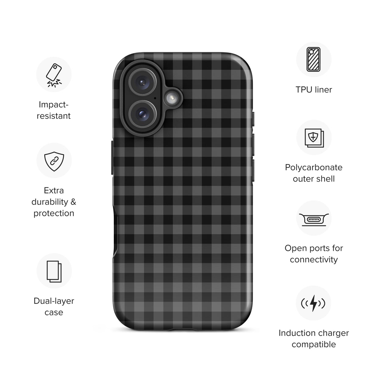 Phone Case with black charcoal gingham pattern for iPhone, showing impact-resistant and durable features, dual-layer and TPU protection.