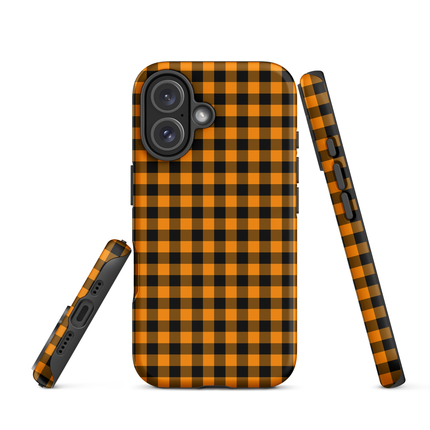 Black-and-orange gingham phone case for iPhone with autumn theme, featuring durable design and stylish look.