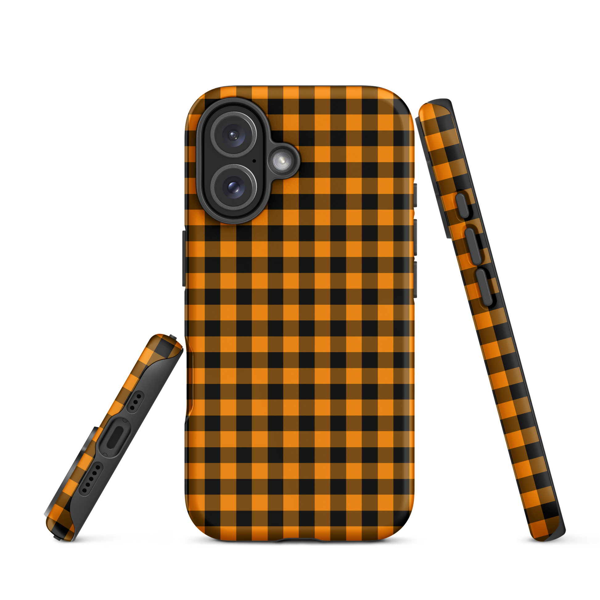 Black-and-orange gingham phone case for iPhone with autumn theme, featuring durable design and stylish look.