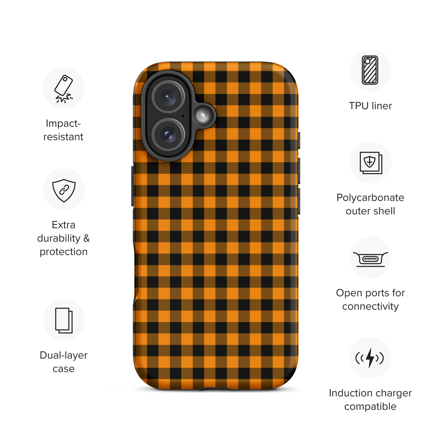 Phone case for iPhone with black-and-orange gingham autumn theme, combining style and durability in a chic accessory.