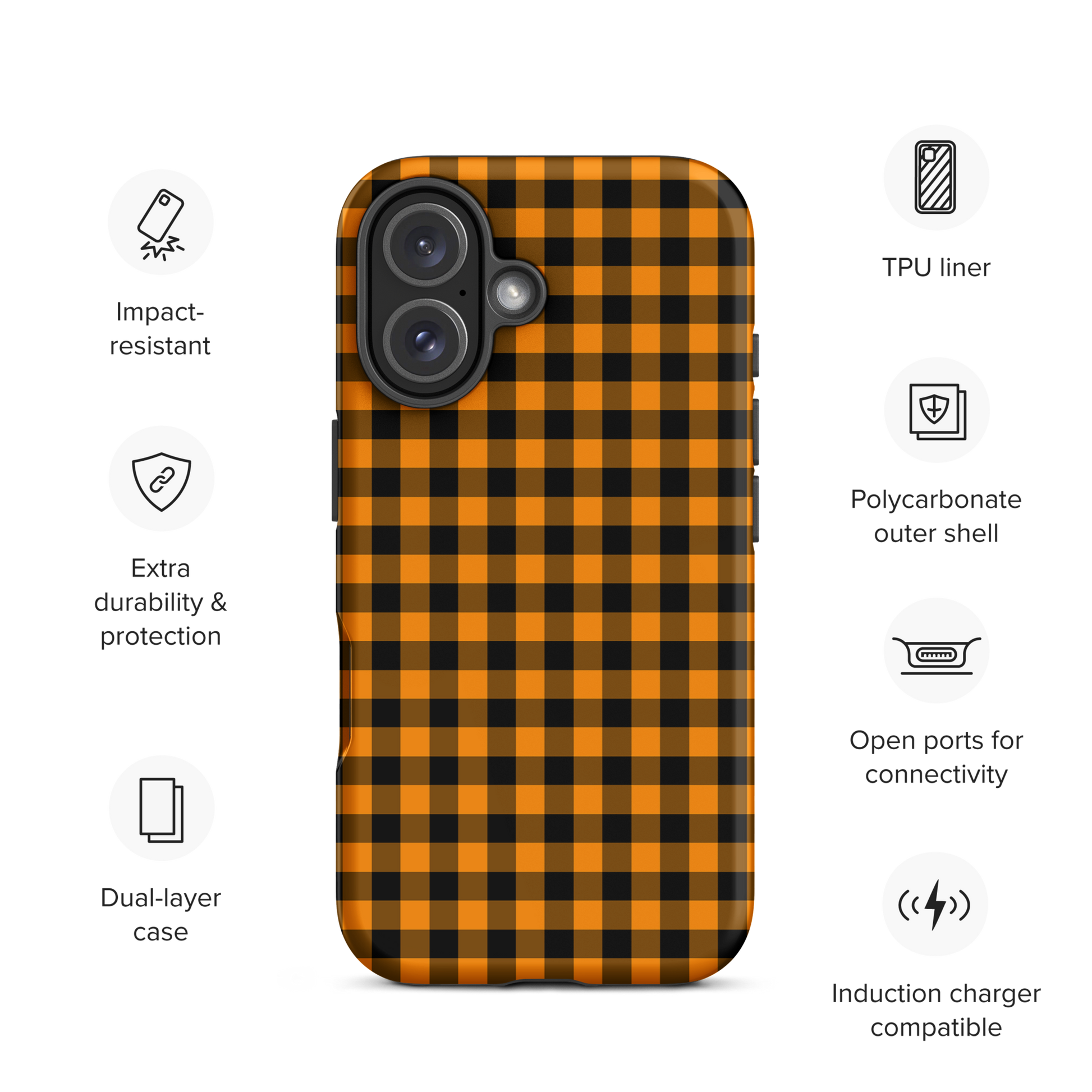 Phone case for iPhone with black-and-orange gingham autumn theme, combining style and durability in a chic accessory.