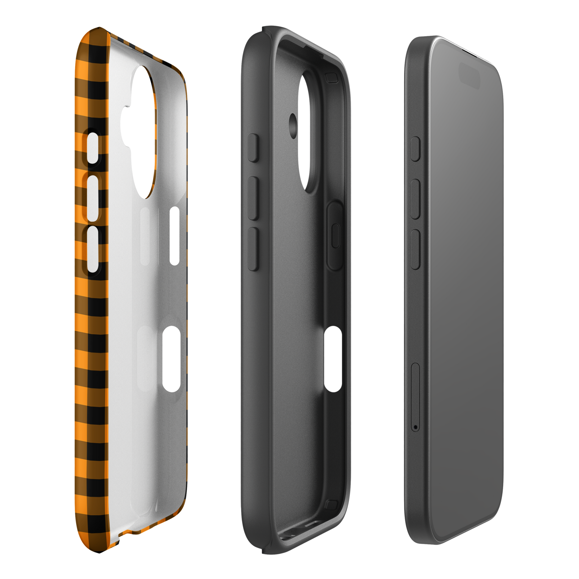 Black-and-orange gingham autumn theme phone case for iPhone showcasing stylish and durable design.