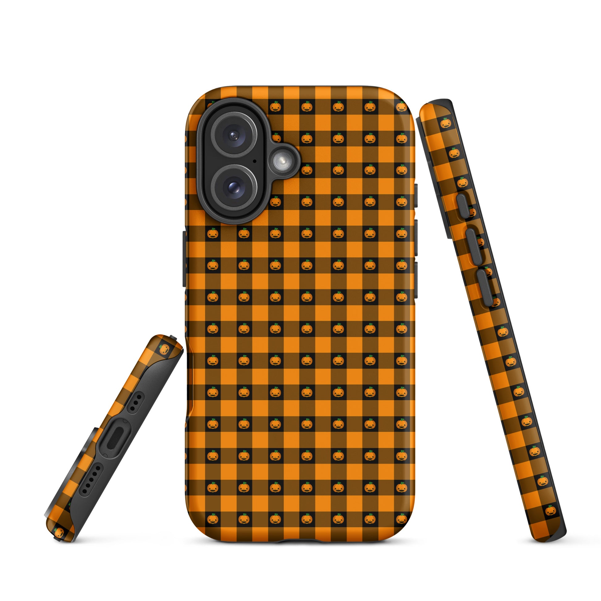 Phone Case for iPhone with playful pumpkin gingham Halloween design on display.