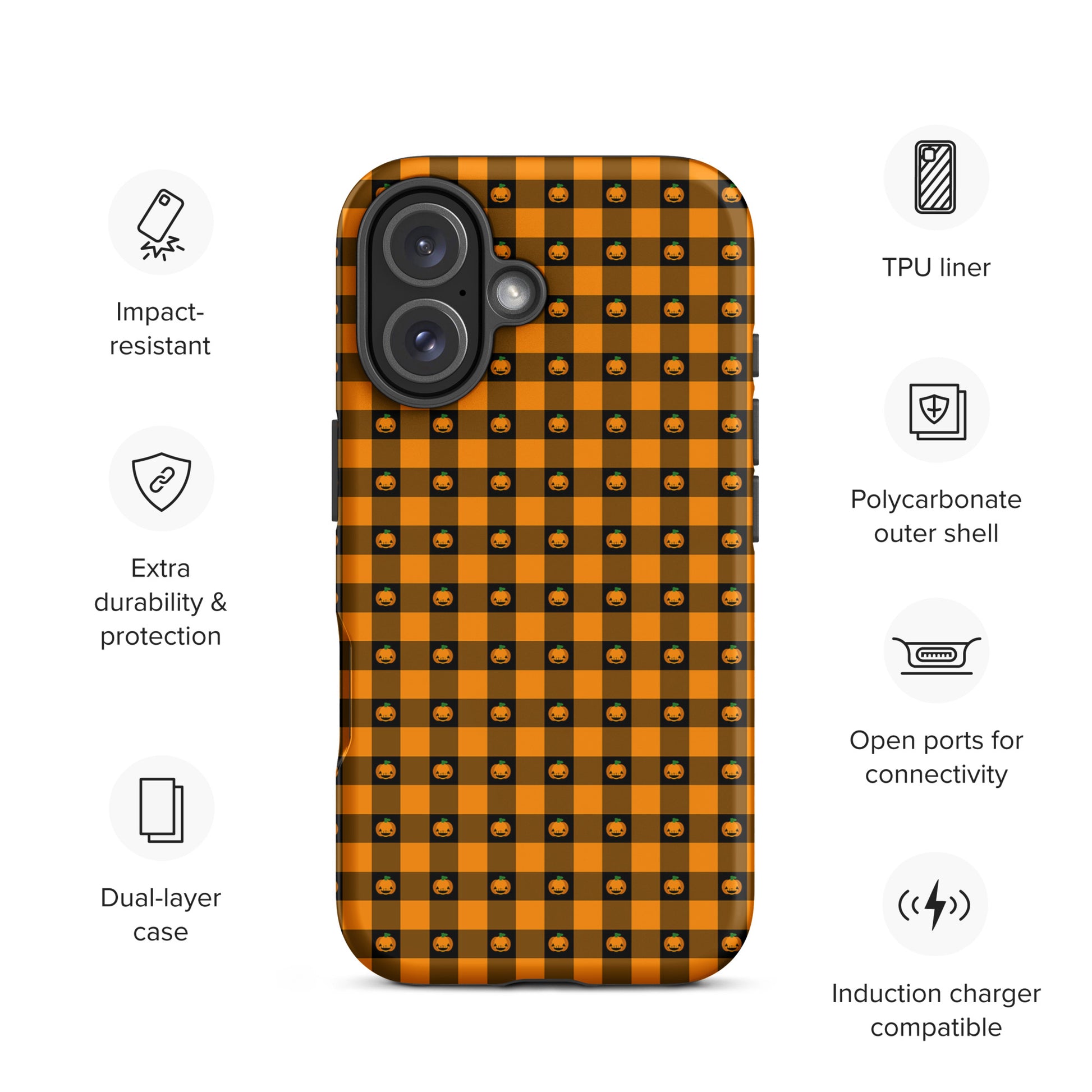 Phone Case for iPhone with playful pumpkin gingham Halloween design, featuring jack-o’-lantern faces and checkered pattern.