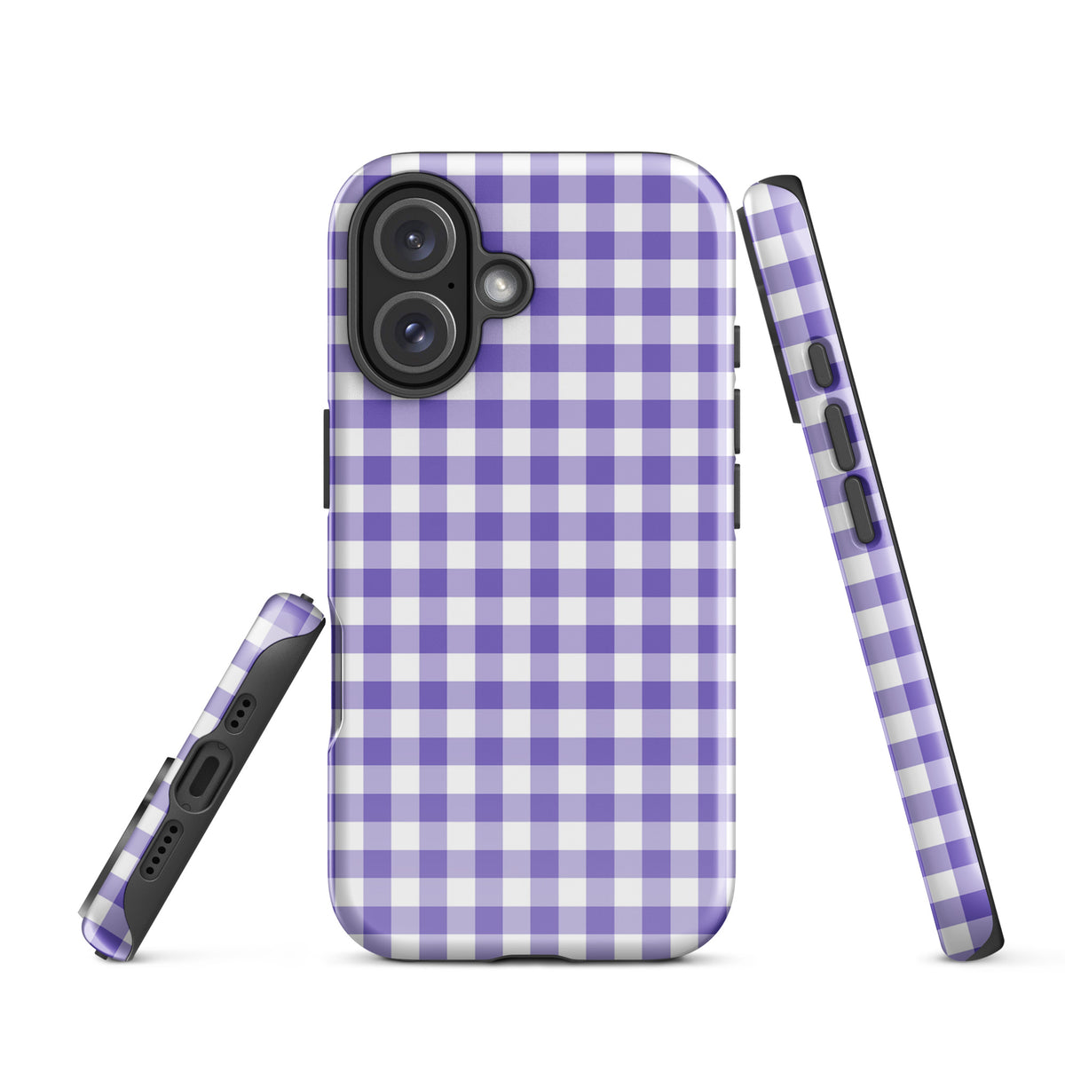 Phone Case for iPhone with modern purple and white gingham pattern, showcasing durability and style, perfect for fashion-forward protection.