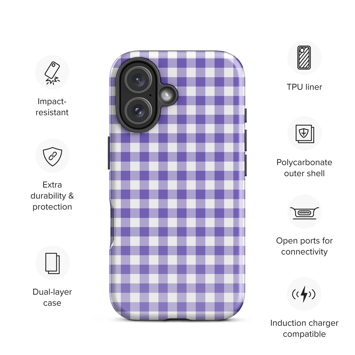 Phone Case for iPhone with purple and white gingham pattern offering impact resistance and dual-layer protection.