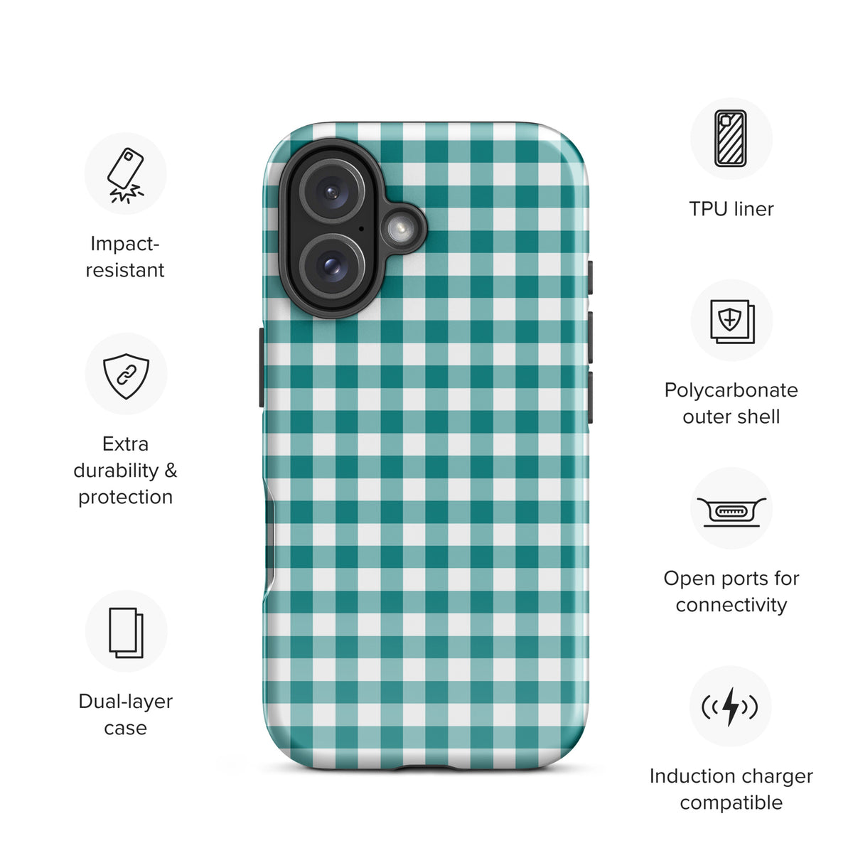 Phone Case with teal and white gingham pattern for iPhone, offering impact resistance and dual-layer protection.
