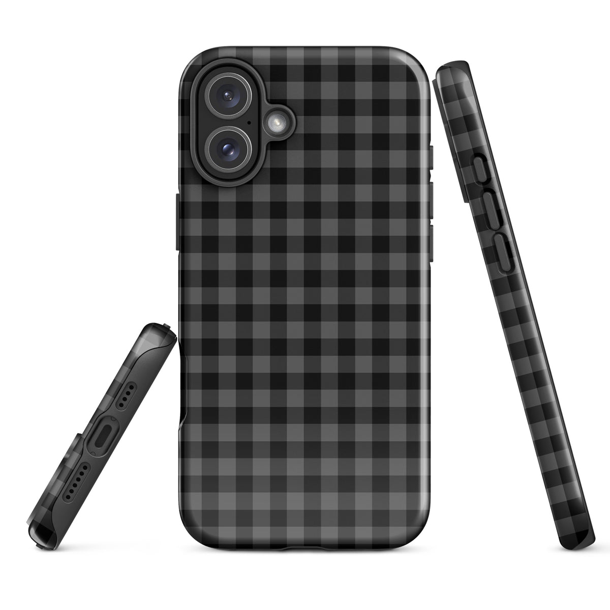 Phone Case with black and charcoal gingham pattern for iPhone, modern stylish design offering protection and luxury craftsmanship.