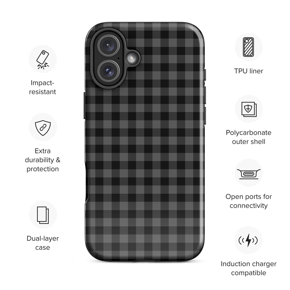 Phone Case for iPhone with black and charcoal gingham pattern, impact-resistant, polycarbonate shell, supports induction charging.